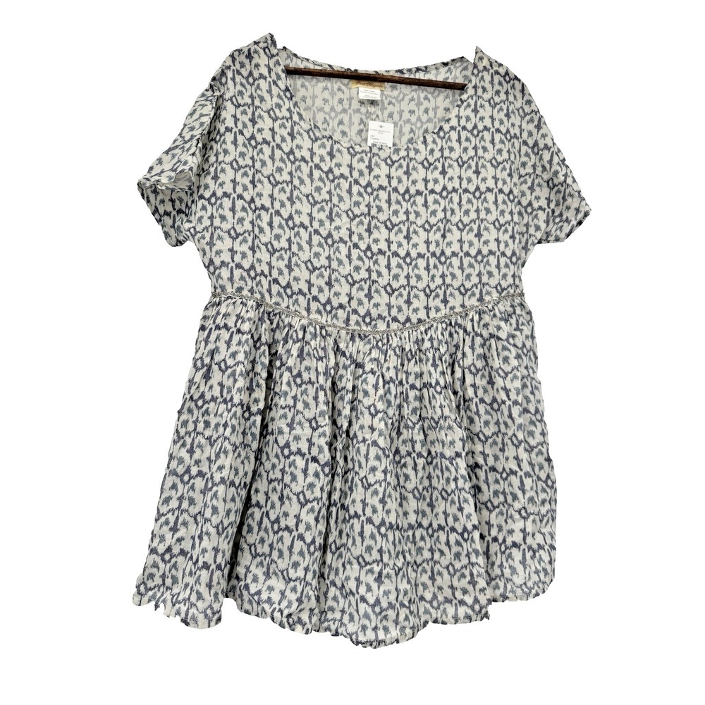 Sweet Magnolia L Blue‎ White Printed Cotton Beaded Embellished Peplum cottage
